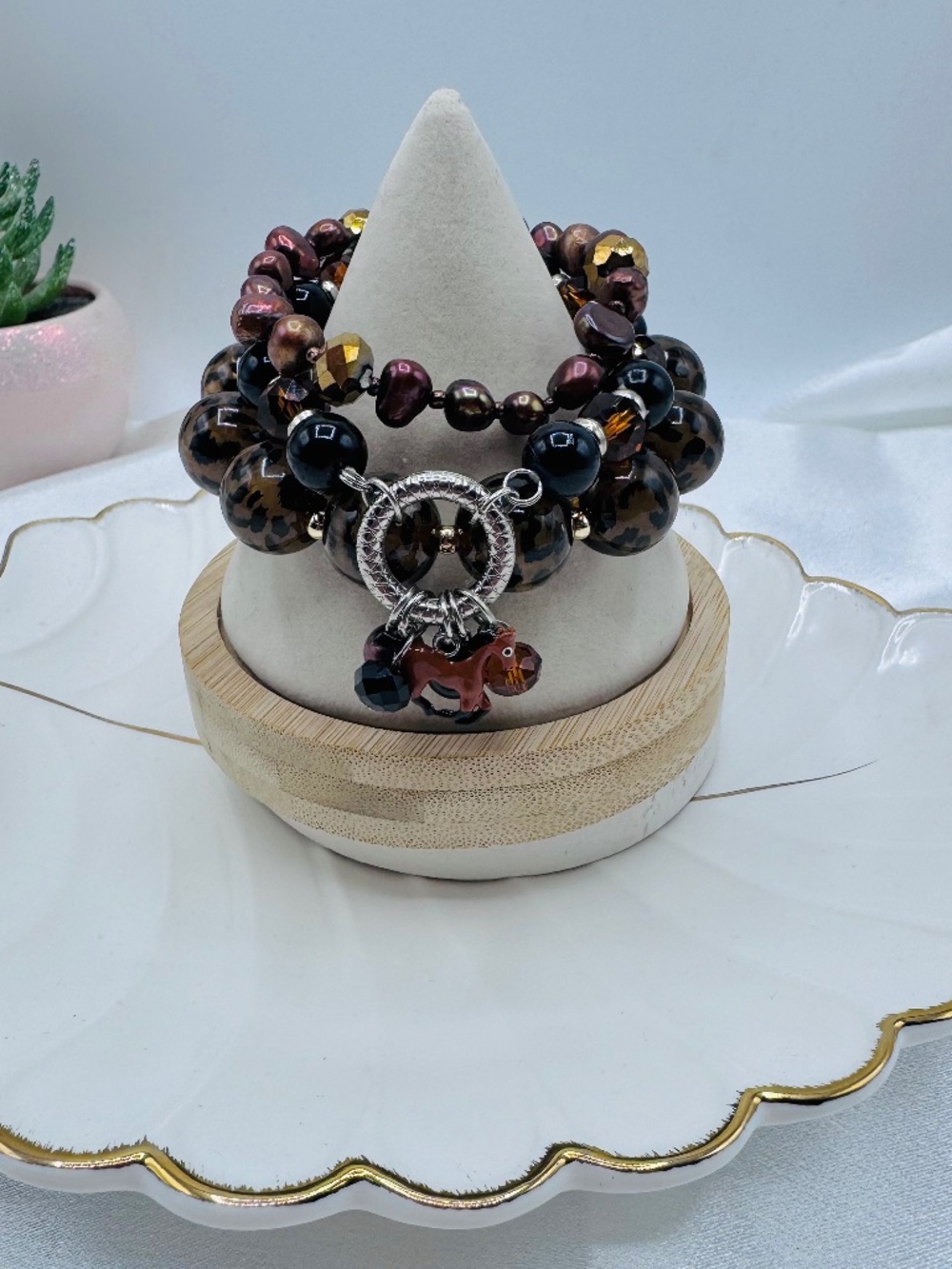 Western Horse Charm Stretch Bracelet Stack Set | Leopard Print, Faux Pearls